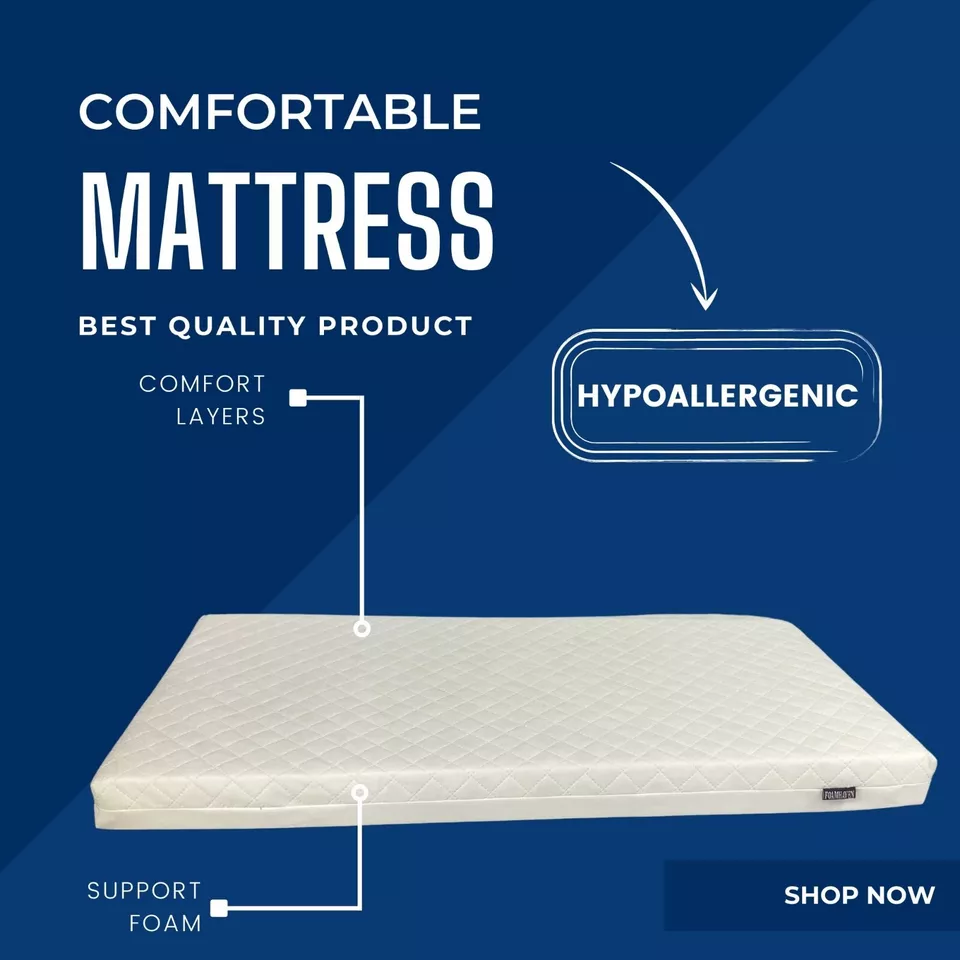 Cot bed Foam Mattress with Quilted Removable Zipped cover 140x70cm, 120x60cm - Image 2